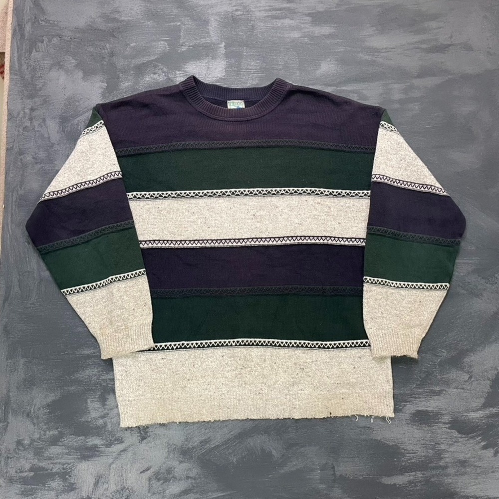vintage‎ TT&CO Sport cotton knit sweater mens Large green 1990s striped pattern